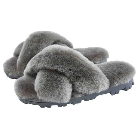 

CLPP LI Womens Cross Band Fluffy Fuzzette Slippers - Grey - 6