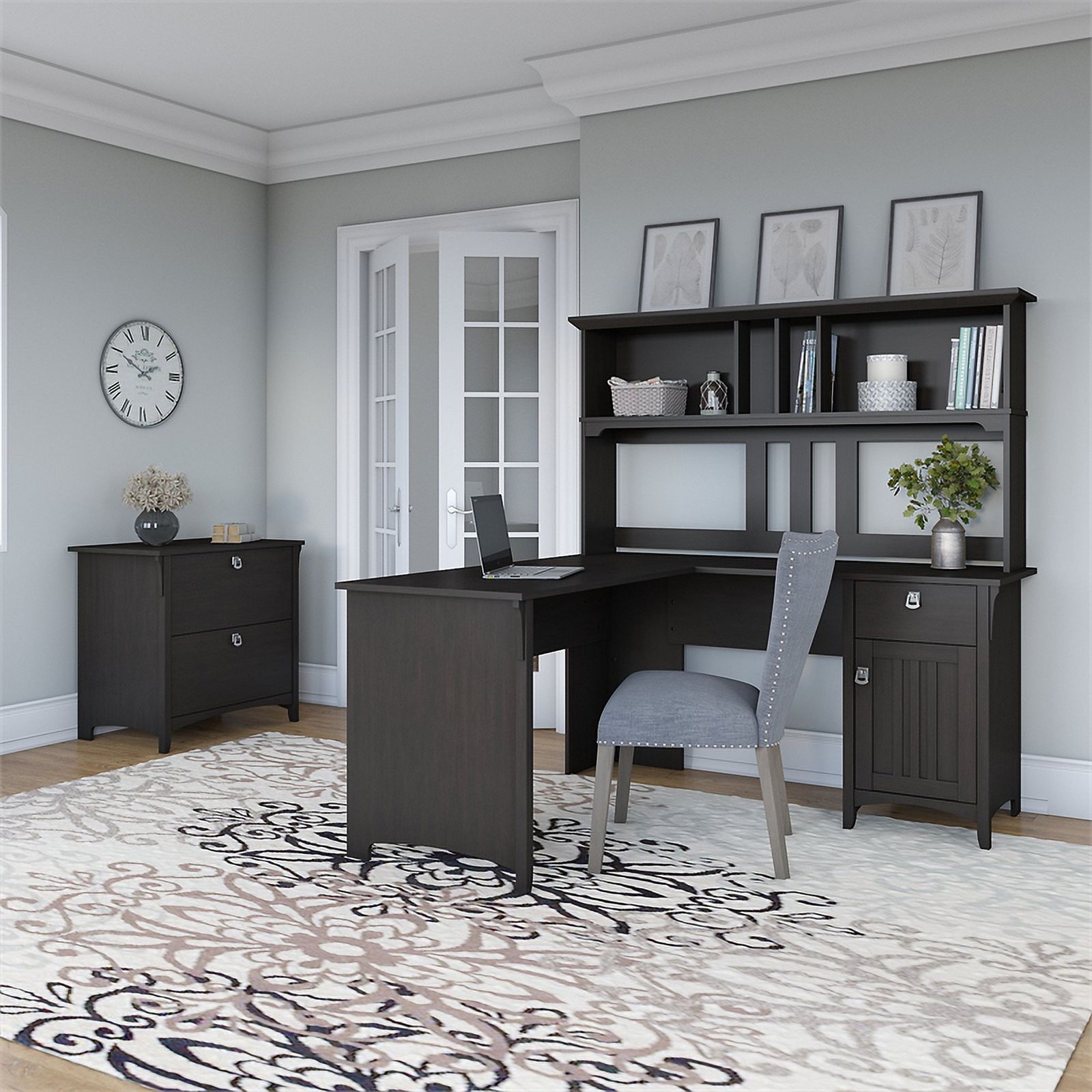 Salinas 60W L Shaped Desk with Hutch & File Cabinet in Vintage Black - image 2 of 7