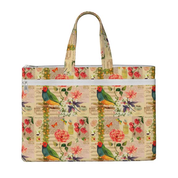 Honeii Vintage Bird Print Canvas Tote Bag with Compartments Laptop Tote Bag Large Tote Bag
