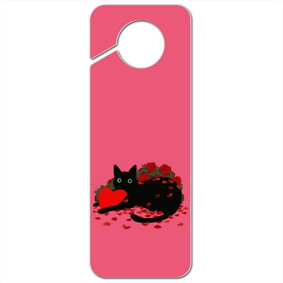 Black Cat Valentines Heart Rose Petals Love Plastic Door Knob Hanger Sign