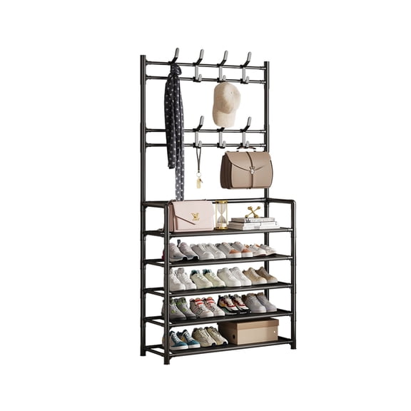 5-Tier Entryway Coat Rack Shoe Shelf, 2-in-1 Hall Tree with 8 Hooks, Thickened Plastic Storage Organizer for Shoes, Bags, Hats (Black/White)