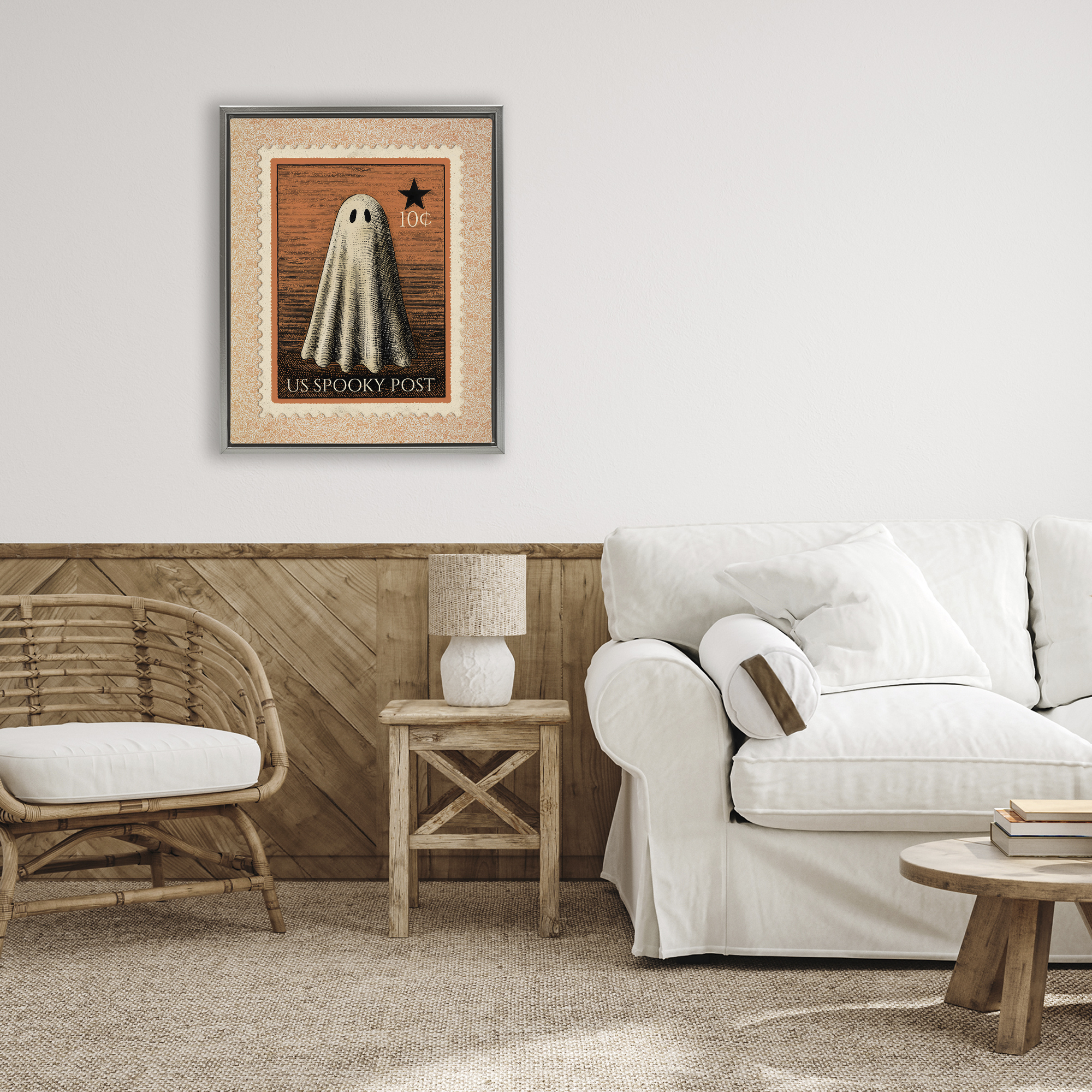 Vintage Ghost Stamp Gray Framed Floater Canvas Wall Art, design by Arlington Prints
