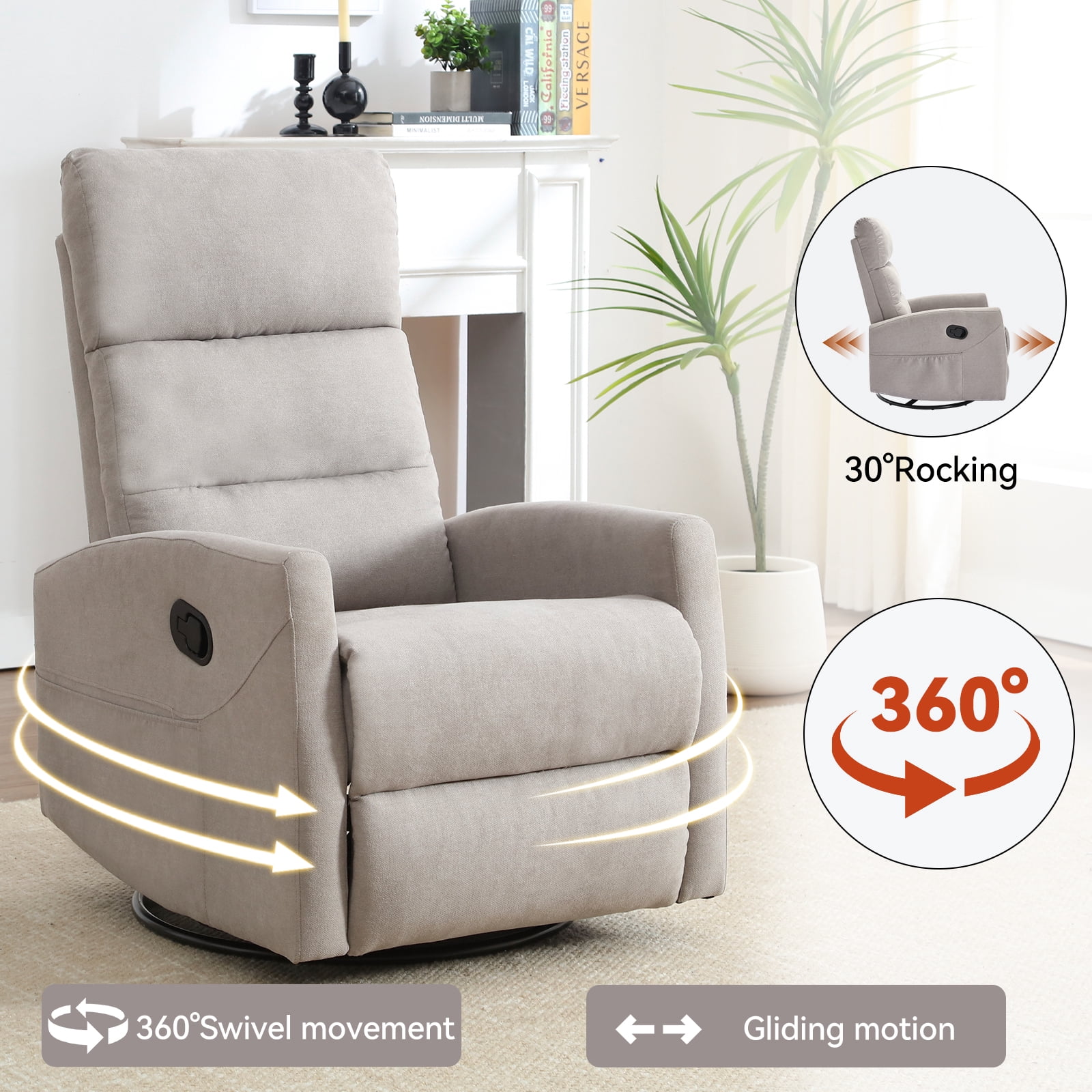 GAKMCIL 360 degree Swivel Manual Recliner Rocking Chair in Fabric with Rocker and Side Pocke, Maximum inclination 155 degrees, Max load 400lb for Living Room, Bedroom, Home Theater, Gift (Light Gray)