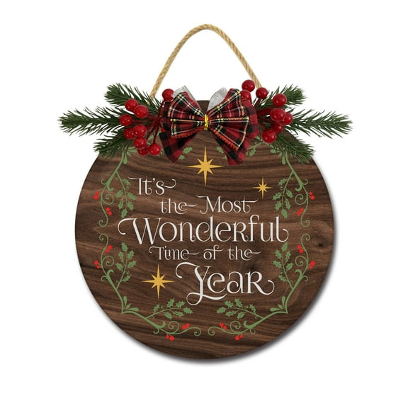 Front Door Porch Decorations It's Most Wonderful Time Of The Year Door Hanging Sign 11 inch Wooden Wall Sign, Rustic Holiday Wreath Decor for Front Door Porch Home Window Wall Farmhouse Decorations