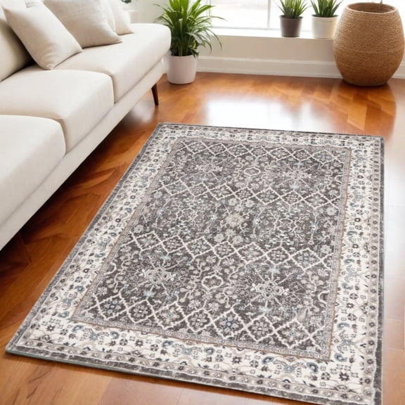 HomeRoots 569619 5 x 7 ft. Floral Power Loom Rectangle Area Rug, Gray