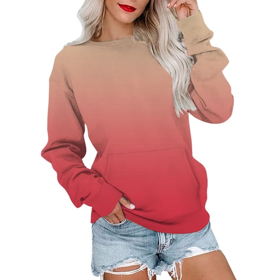 Women's Gradient Color Sweatshirt, Fashion Casual Round Neck Long Sleeve Top with Pocket, Comfortable Streetwear Pullover for Daily Wear Hot Pink L