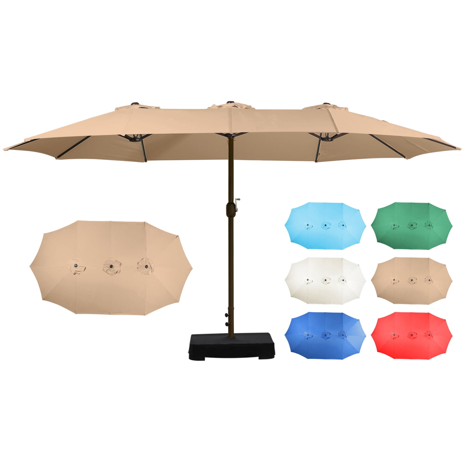 Aoodor 15ft Large Patio Umbrella with Base Stand, Outdoor Double-Sided Rectangle Umbrella - Brown