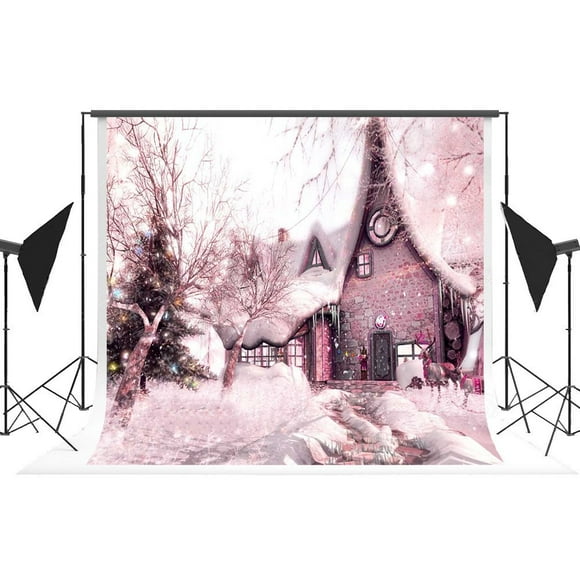 EREHome Polyester Fabric Holiday Winter Backgrounds Snow Scenery Backdrops Pink Cartoon Backgrounds for Children Photo Photography Studio 7x5ft