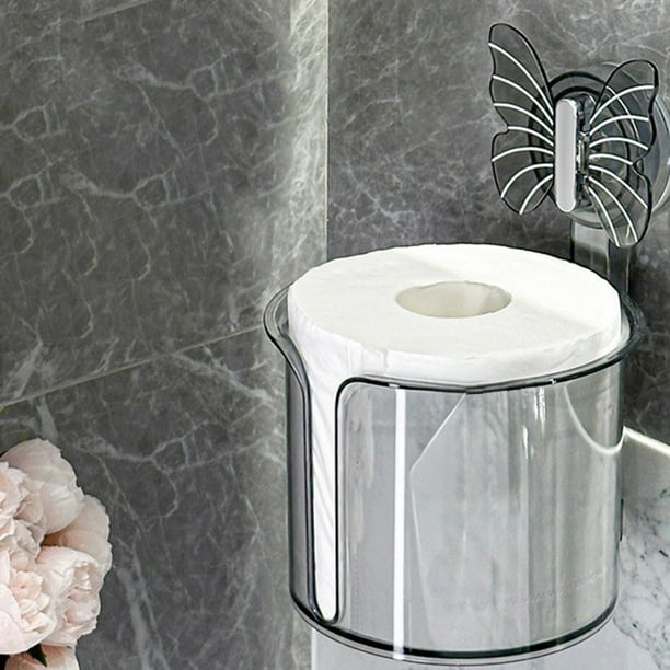 Estante de almacenamiento de baño | Organizador de plástico transparente montado en la pared con ventosa de mariposa | Diseño de particiones para pañuelos, cosméticos, artículos de tocador | Ahorro