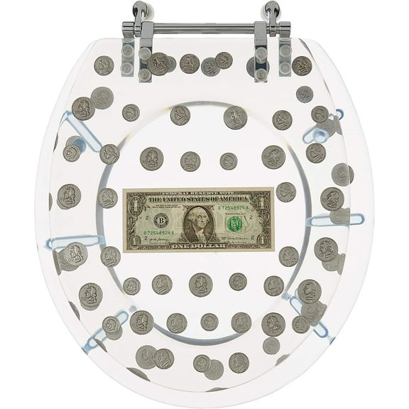 RESIN TOILET SEAT BIG MONEY DOLLAR, COINS, STANDARD ROUND CHROME HINGE