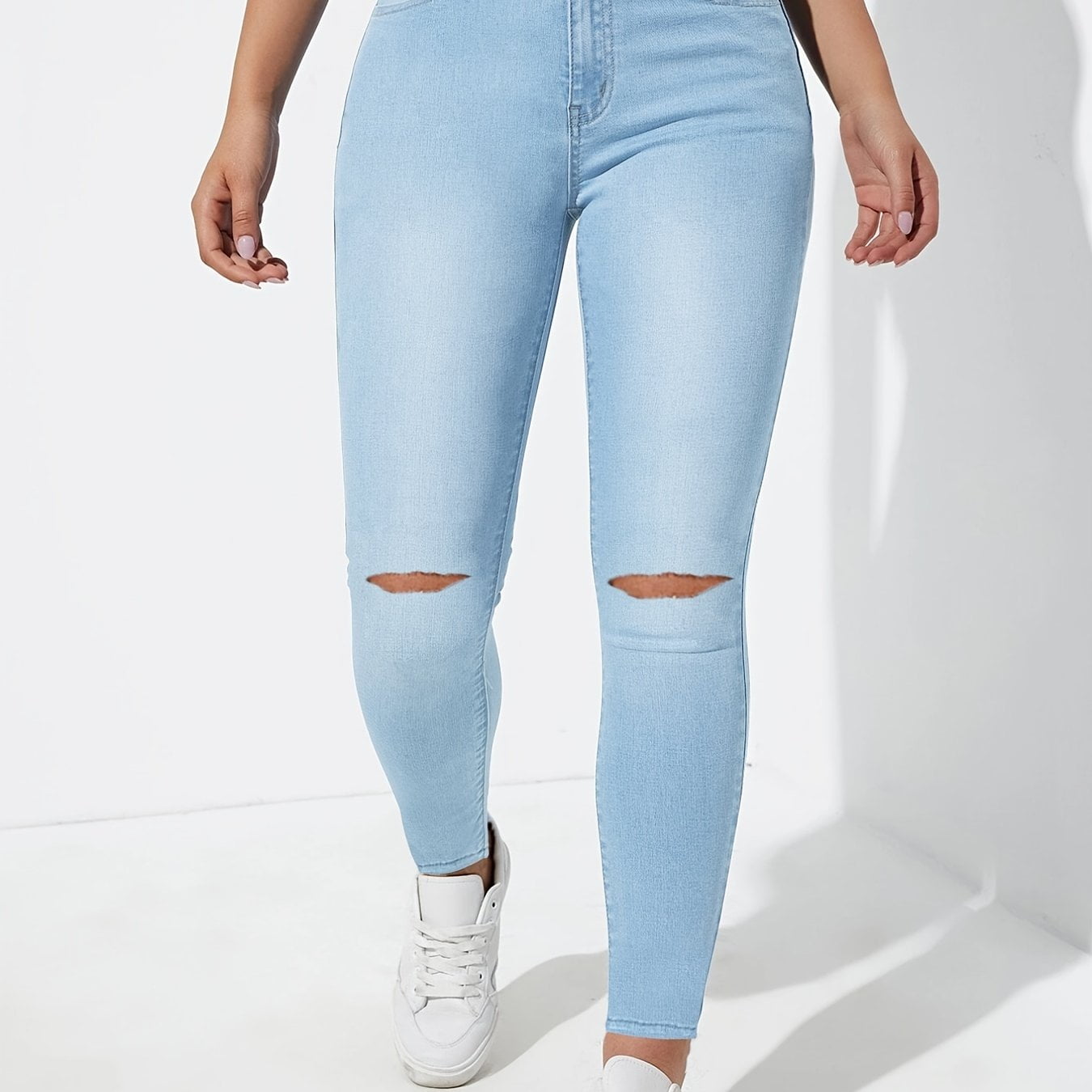 High Rise Ripped Knees Skinny Jeans Tight Fit Stretchy Distressed Denim  Pants Women's Denim & Clothing - Walmart.com