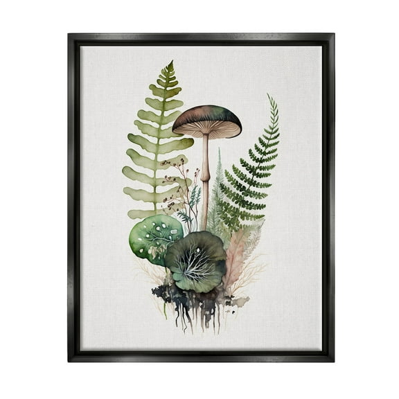 Stupell Industries Mushroom & Ferns Nature Botanical & Floral Painting Black Floater Framed Canvas Art Print Wall Art, 17 x 21