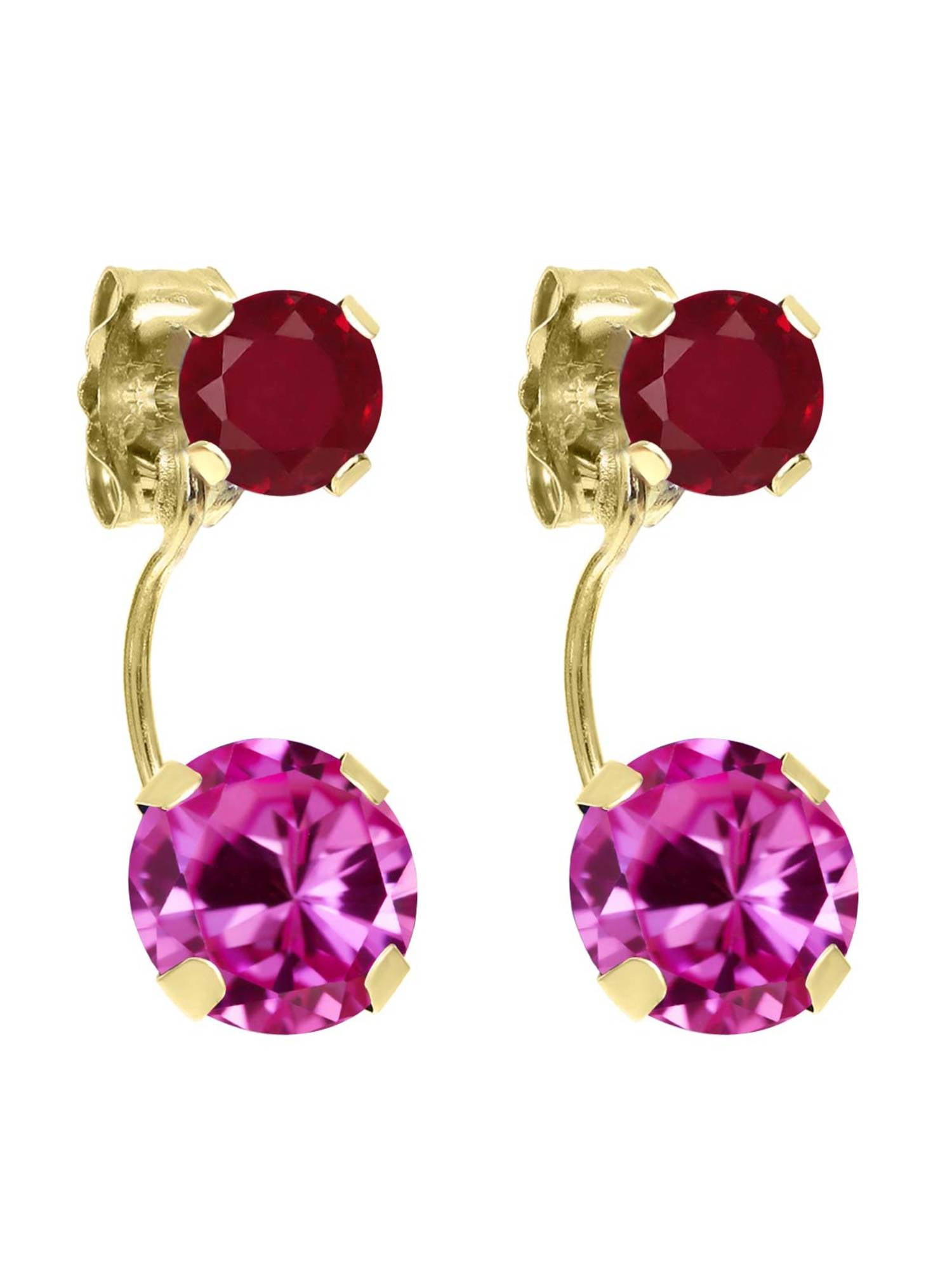 2.60 Ct Round Pink Created Sapphire Red Ruby 14K Yellow Gold Earrings by