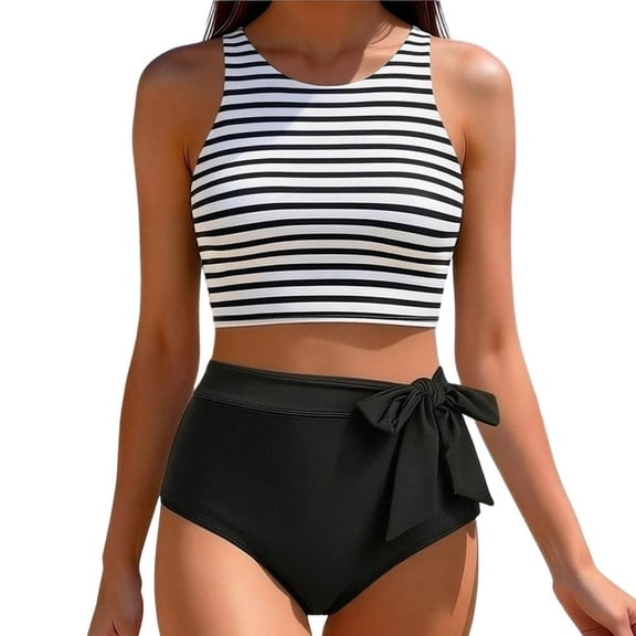 Bxsruta Women's Striped Print Bikini Set Two Piece Swimsuits Tummy Control Bathing Suits with Moderate Coverage Adjustable Straps