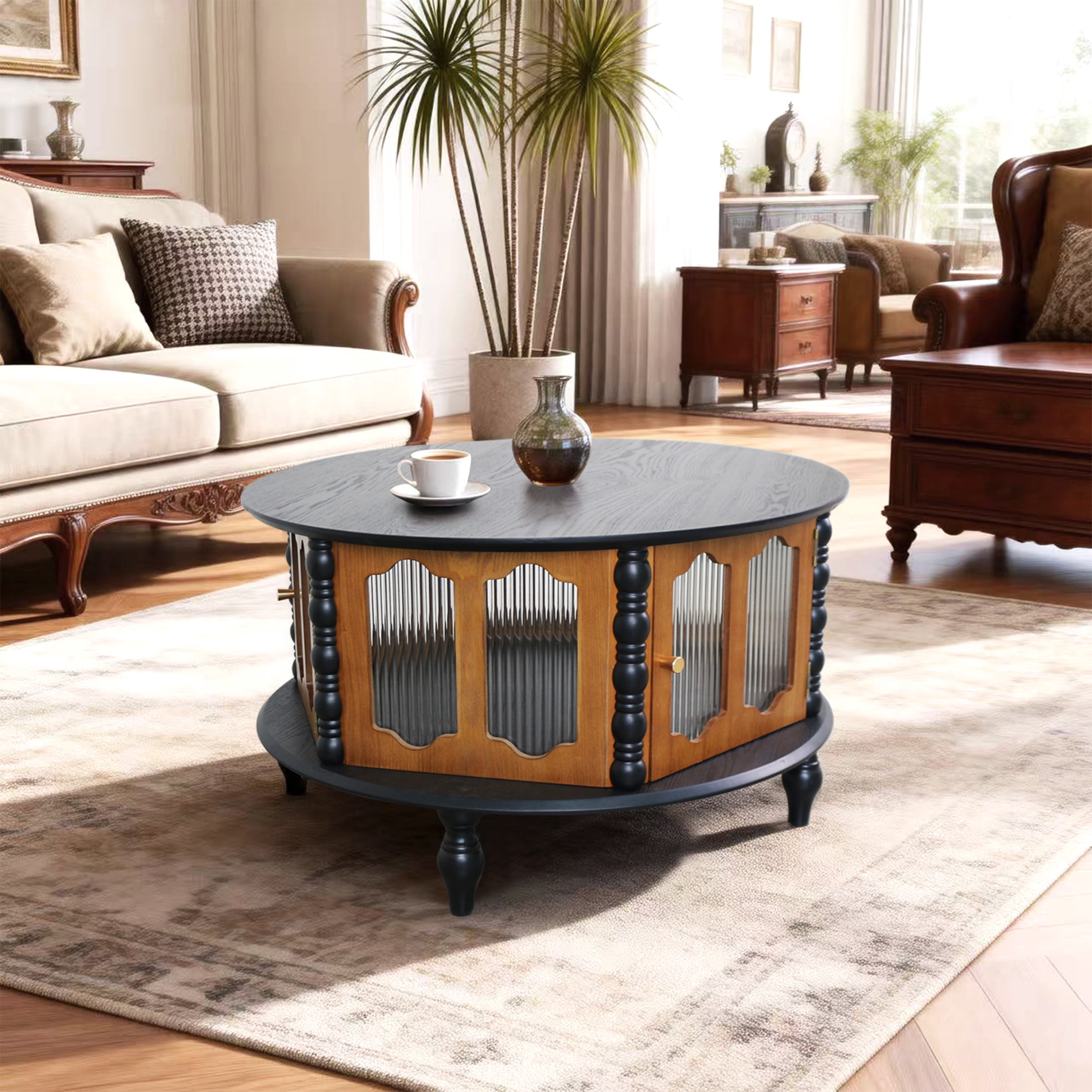 Noble House Mourade 31.5" Round Coffee Table with Storage, Industrial Modern Center Table for Small Spaces, Black
