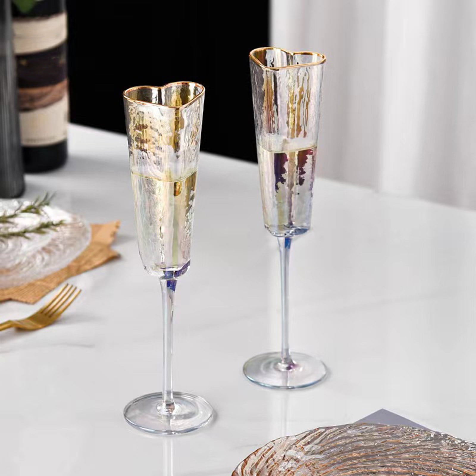 1Pair Elegant Heart Shape Champagne Flute Goblet Gold Rimmed High Stem Glass Cup Wine Drinking Glass for Parties