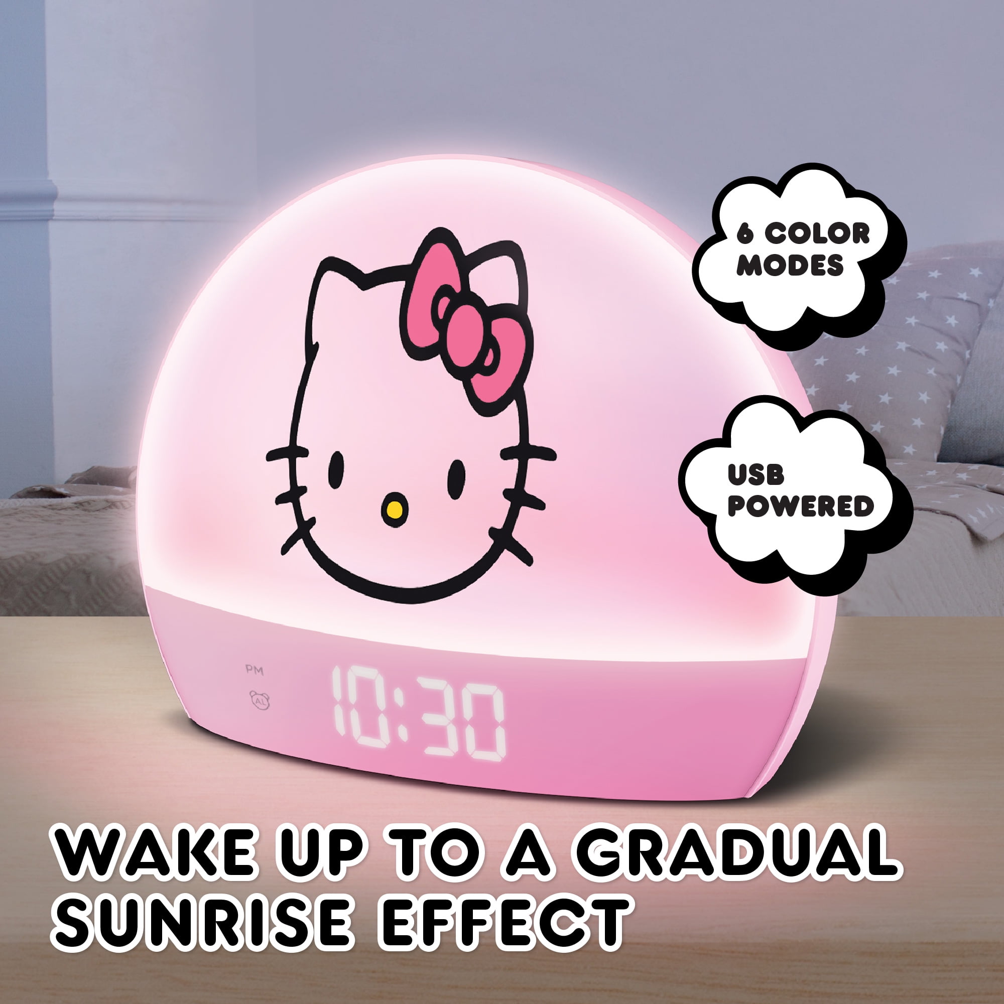 Hello Kitty Sunrise Alarm Clock - Multicolor Lights, USB Charging, LED Display, and Snooze Function