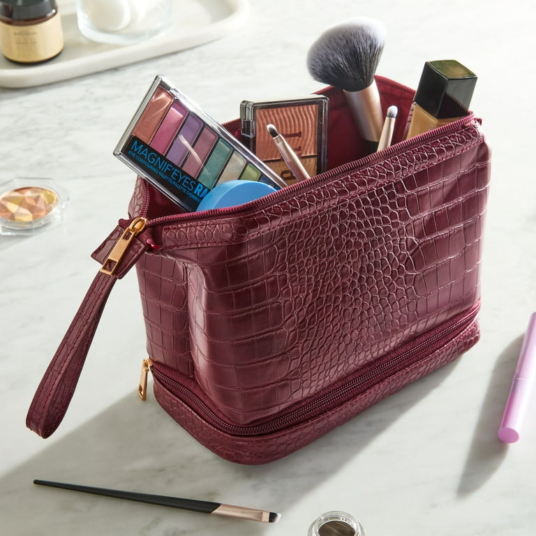 Deluxe Cosmetic Bag with Wristlet and Extra Storage, Wine Red Croc Deluxe Cosmetic Bag with Wristlet and Extra Storage, Wine Red Croc