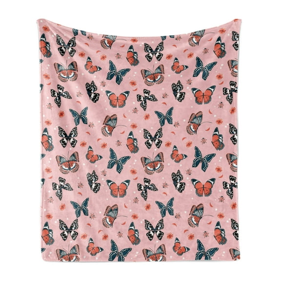 Moth Soft Flannel Fleece Blanket, Butterfly Design Flying Insects Freedom Wings of Mother Nature Pattern, Cozy Plush for Indoor and Outdoor Use, 70" x 90", Rose Salmon and Dark Blue, by Ambesonne