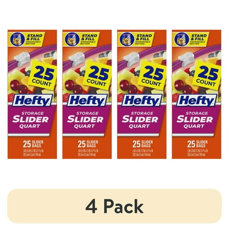 (4 pack) Hefty Slider Quart Storage Bags, 25 Count