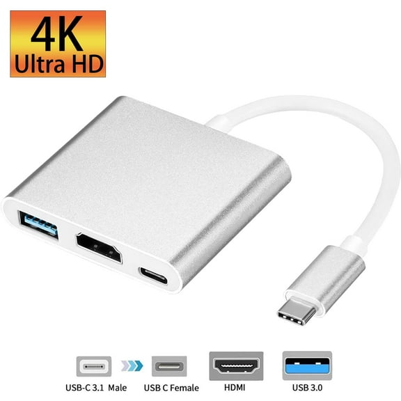 USB-C to HDMI Adapter, USB 3.1 Type C to HDMI 4K Multiport AV Converter with USB 3.0 Port and USB C Charging Port Compatible MacBook/Chromebook Pixel/Dell XPS13/Samsung s10/s9 (Silver)