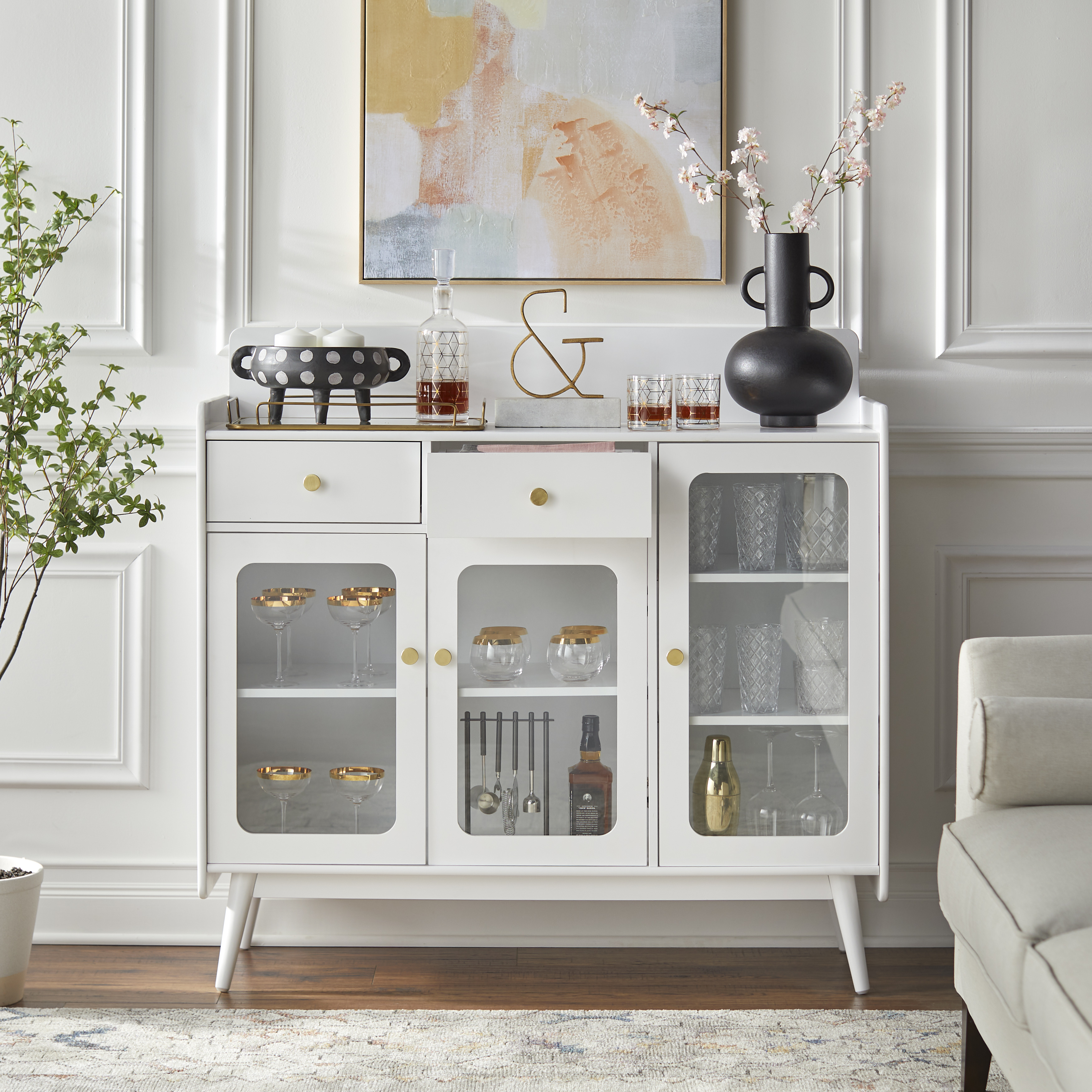TMS Conlee 47" Vintage Buffet with Three Glass Doors, Two Drawers, and Three Adjustable Shelves, White
