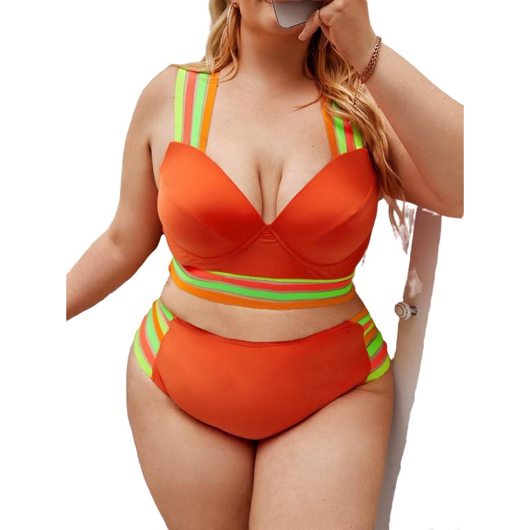 Casual Colorblock Straps Orange Plus Size Bikini Sets Women s Plus