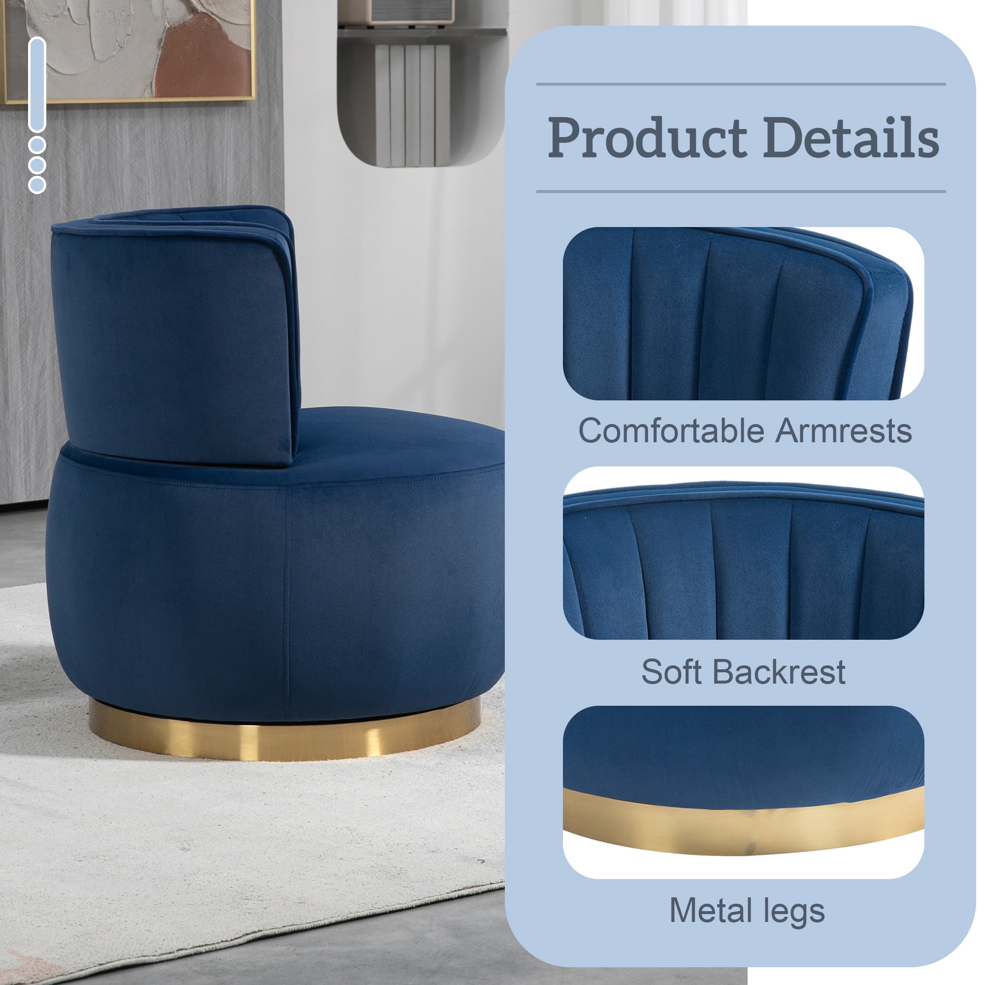 MOONMISS Velvet Upholstered 360 Degree Swivel Armless Round Barrel Chairs for Living Room-Navy Blue