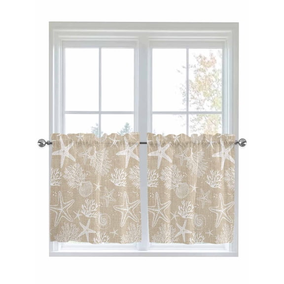 Rustic Coastal 2 Panel Kitchen Curtains for Small Windows, Sea Nautical Summer Beach Starfish Coral Bathroom Tier Curtain, Short Window Treatment for Bedroom/Living Room 55"x36"