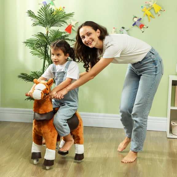 Qaba Ride on Horse for Kids 3-5 Y, 27.6 Inch Height Plush Riding Pony, Walking Horse Animal with Wheels, Neighing for Active Play, 132 lbs Load, Brown