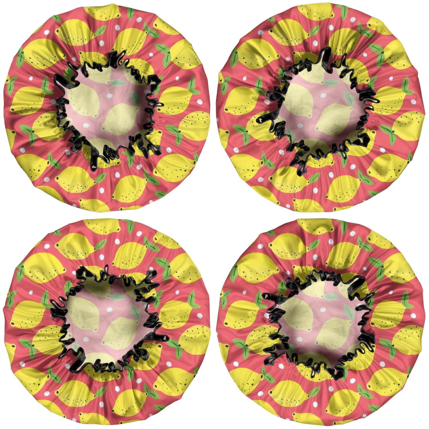 Shower Caps,Yellow Lemon Fruit Dots Red Pattern Waterproof Shower Cap for Women 4 Pieces,Double Reusable Hair Cover for Shower PEVA Elastic Stretch Hem