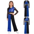 thumbnail image 5 of TiaoBug Kids Jazz Dance Outfit Sequin Mesh Long Sleeve Crop Top with Lyrical Performance Chiffon Pants Royal Blue 8, 5 of 6