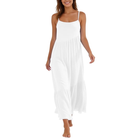 Kvture Summer Dresses for Women Boho Spaghetti Strap Maxi Dress Tiered Ruffle Hem Flowy Loose Fit Beach Vacation SundressWhite