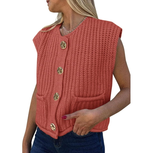 Chaleco tipo suéter PRETTYGARDEN para mujer, verano, sin mangas, rojo, XL