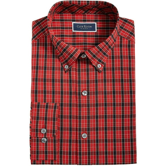 Club Room Mens Plaid Dress Shirt Red Black L