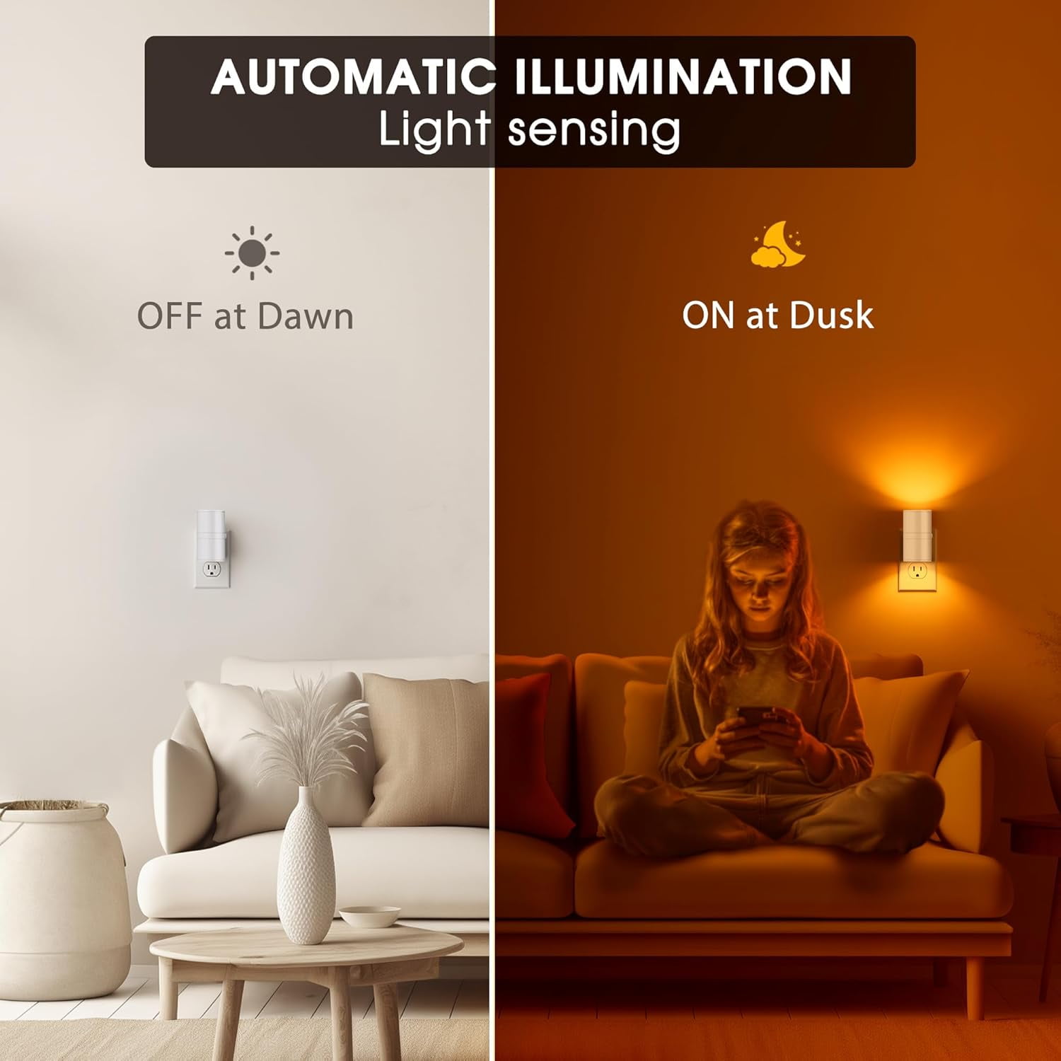 RGHJAR-Night Lights Plug into Wall, Modern LED Night Light Plug in, Dusk to Dawn Sensor,Amber Night Light 0-100LM Adjustable Brightness, Dimmable NightLight for Hallway, Bedroom, Stairway, 2 Pack