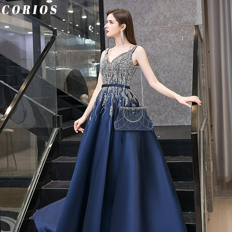 evening bag for navy dress Dave & Johnny Sheer-Bodice Long Prom Dress main image 1