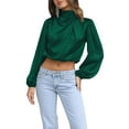 thumbnail image 1 of xiaxaixu Women's Spring Autumn Satin Tops Long Sleeve Cropped High Neck Tops for Work, Party, 1 of 9
