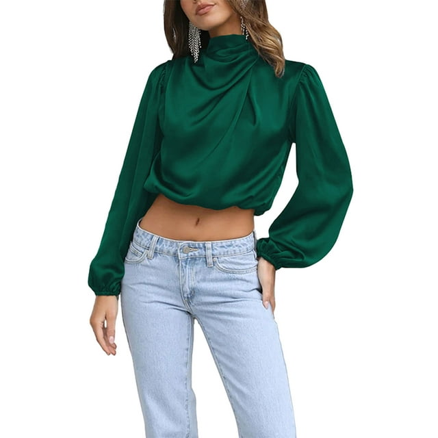 FOCUSNORM Women's Spring Autumn Satin Tops Long Sleeve Cropped High Neck Tops for Work, Party