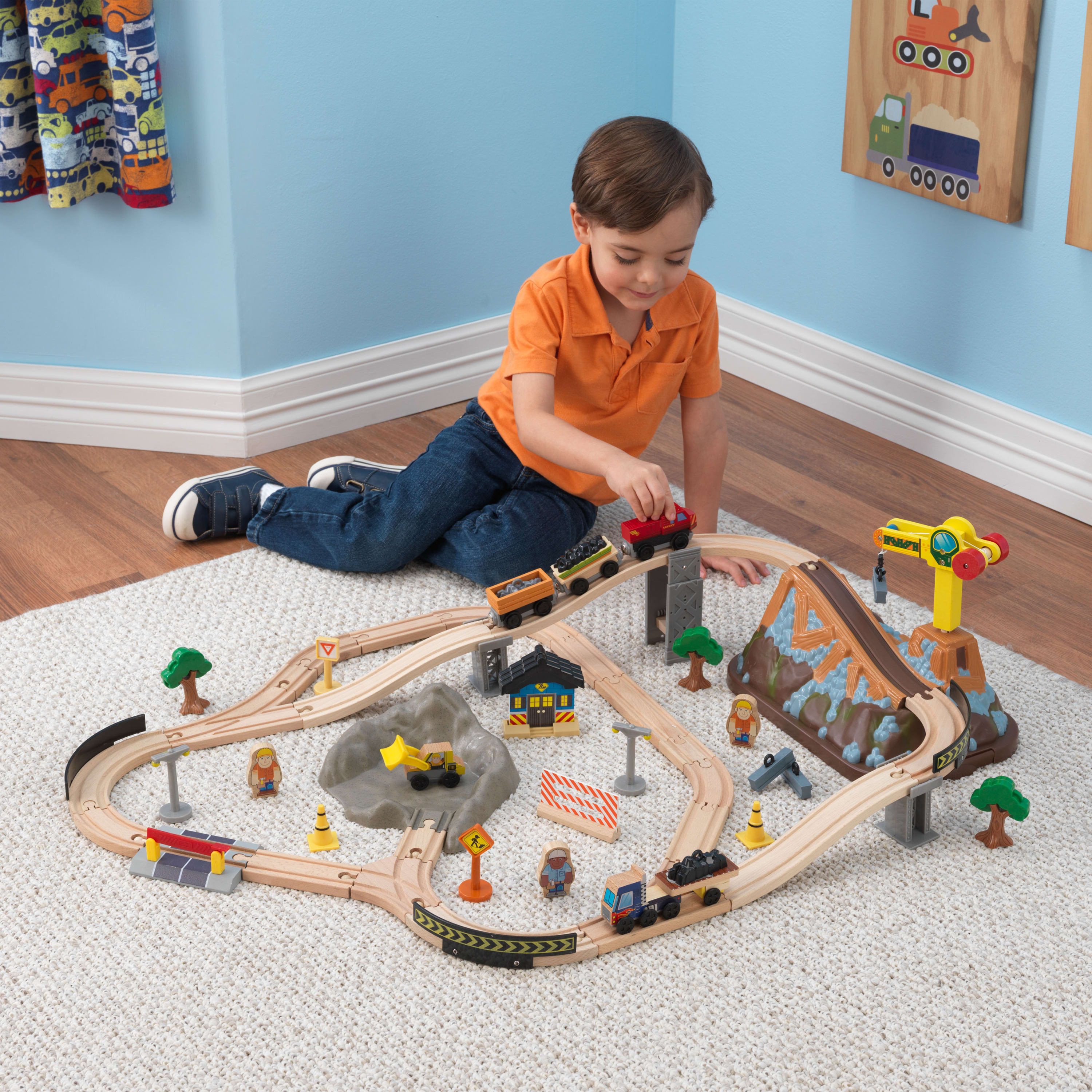 KidKraft Bucket Top Construction Wood Train Set with Crane & 61 Pieces, For Ages 3+ - image 2 of 7