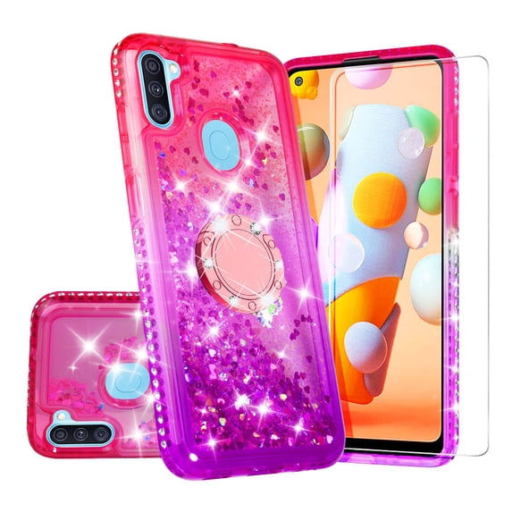 SOGA Rhinestone Liquid Quicksand Cover Cute Girl Phone Case Case for Samsung Galaxy A11 Case with Embedded Ring for Magnetic Car Mounts and Lanyard - Purple / Pink
