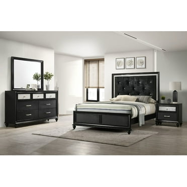 Modern 4pc Queen Size Bedroom Set Black Finish Upholstered Panel Bed Dresser Mirror Nightstand