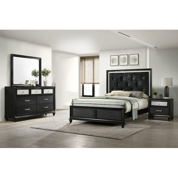 Modern 5pc Full Size Bedroom Set Black Finish Upholstered Panel Bed Dresser Mirror Nightstand