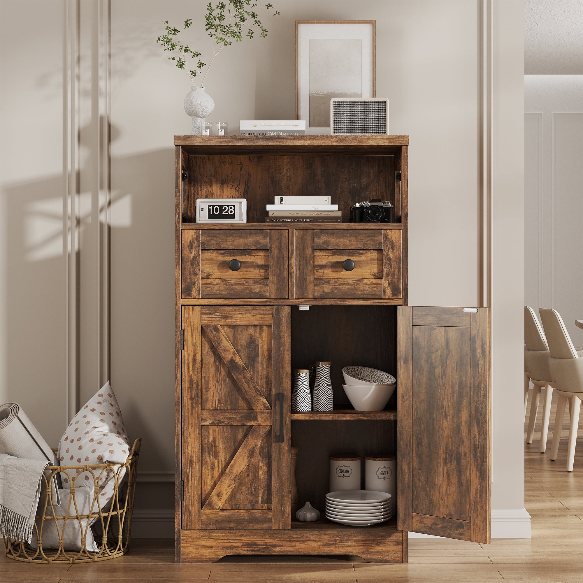 Farmhouse Storage Cabinet with Drawers and Shelves, Freestanding Kitchen Pantry Storage Cabinet, Floor Storage Cabinet Hutch Cupboard for Dining/Living Room/Home Office, Rustic Brown