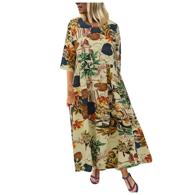 CHOK Femmes Robes Été Sans Manches Grande Taille en Vrac Floral Quotidien Lin Imprimé Longue Maxi Robe Décontractée Bleu XXXXL