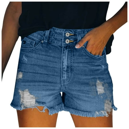 WNVMWI Womens Shorts Yoga Shorts for Women Plus Size Shorts Women Denim Shorts Street Fahion Ripped Jeans Shorts With Holes Versatile Water Washed Tassels Rough Edges Denim Shorts Hot Pants Blue 2XL