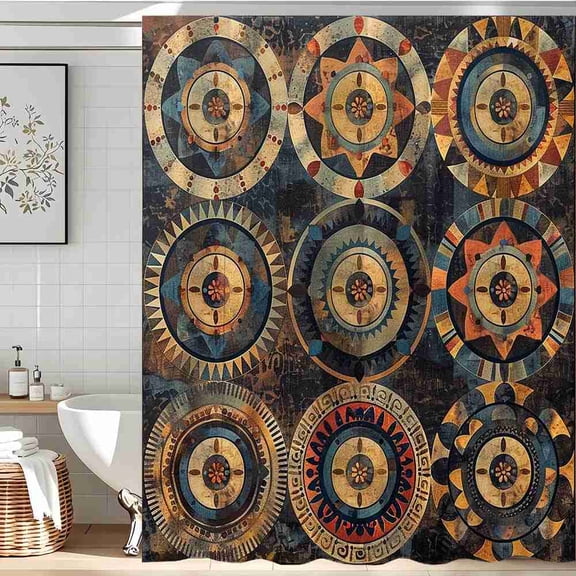 70x70 inch Rustic Geometric Circle Medallion Shower Curtain, Waterproof Polyester Fabric with Hooks for Bathroom Decor