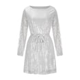 thumbnail image 6 of Lovskoo 2024 Women Long Sleeve Sequin Glitter Tie Waist Party A Line Cocktail Mini Dress Wedding Night Out Club Short Dress White XL, 6 of 7
