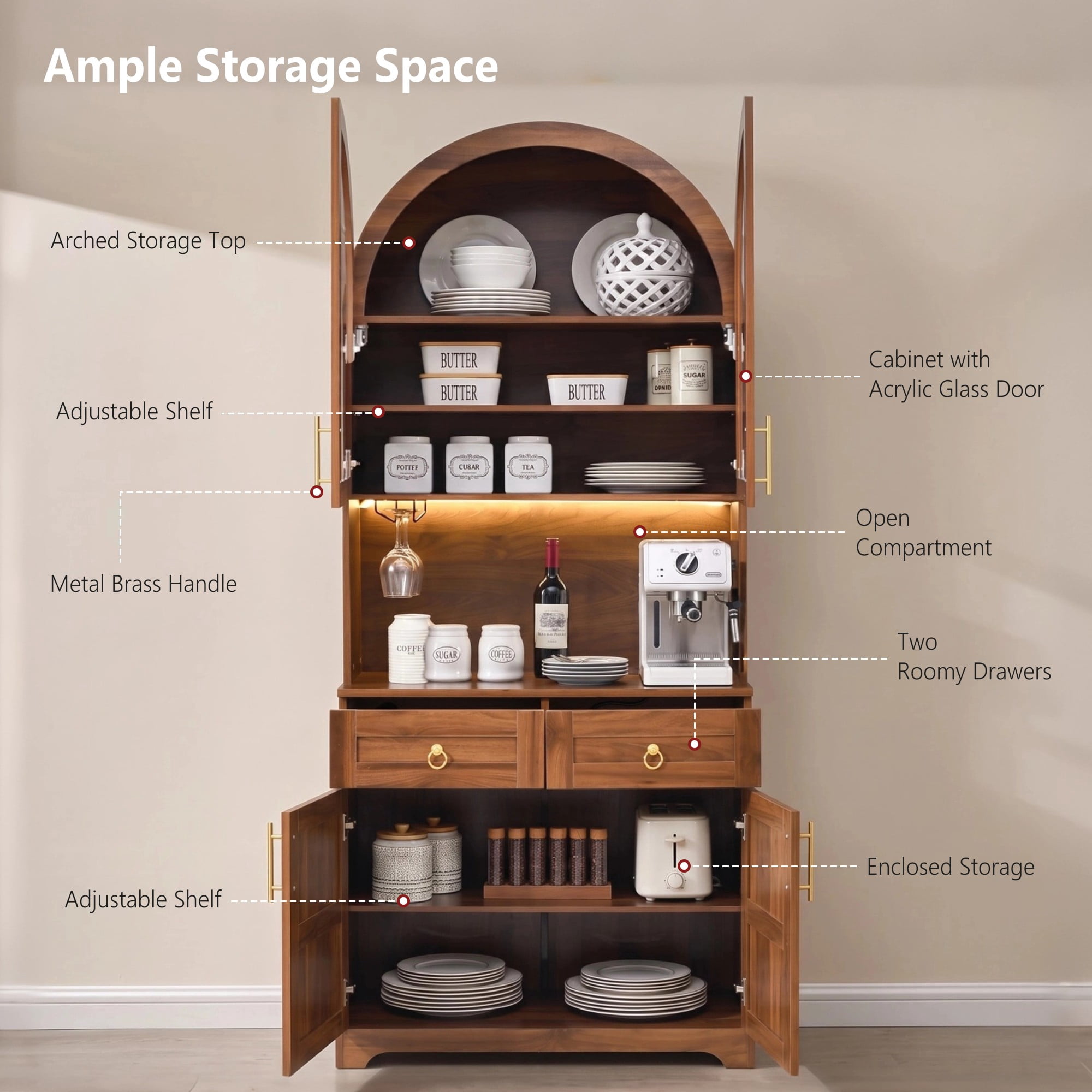 Aukfa 73" Tall Arched Kitchen Pantry, Accent Storage Cabinet with 3 Glass Doors & Door Shelves, Farmhouse Cupboard, Walnut
