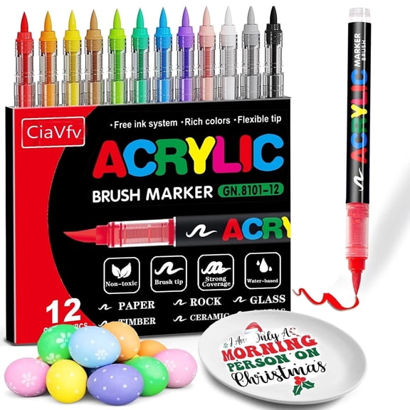 CiaVfv Ceramic Color Pen , 12-Color Waterproof Acrylic Markers (1.0-6.0mm) for Glass, Ceramic, Canvas, Stone, Metal